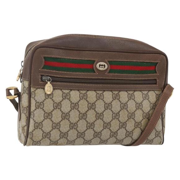 GUCCI GG Supreme Web Sherry Line Shoulder Bag PVC Beige Gold Auth 158511